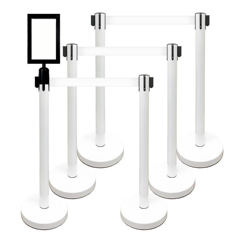 36" Retractable Belt Queue Safety Stanchion Barrier (6 Posts w/78" Belt+SF+W Receiver), White