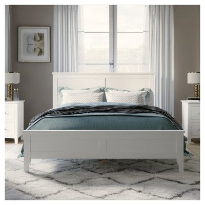 Modern White Queen Size Solid Wood Platform Bed with Upgraded Headboard, No Box Spring Needed