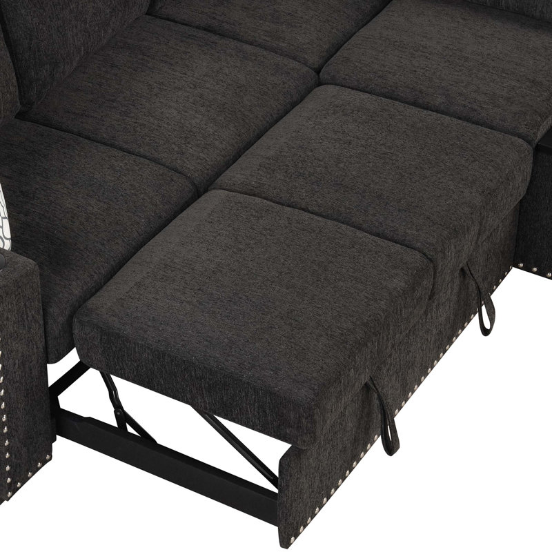 Canapé-lit modulaire en L de 83,8 po avec méridienne coulissante en L avec méridienne de rangement, ports USB, prises de courant, porte-gobelet pour le salon, la chambre à coucher, le bureau, noir
