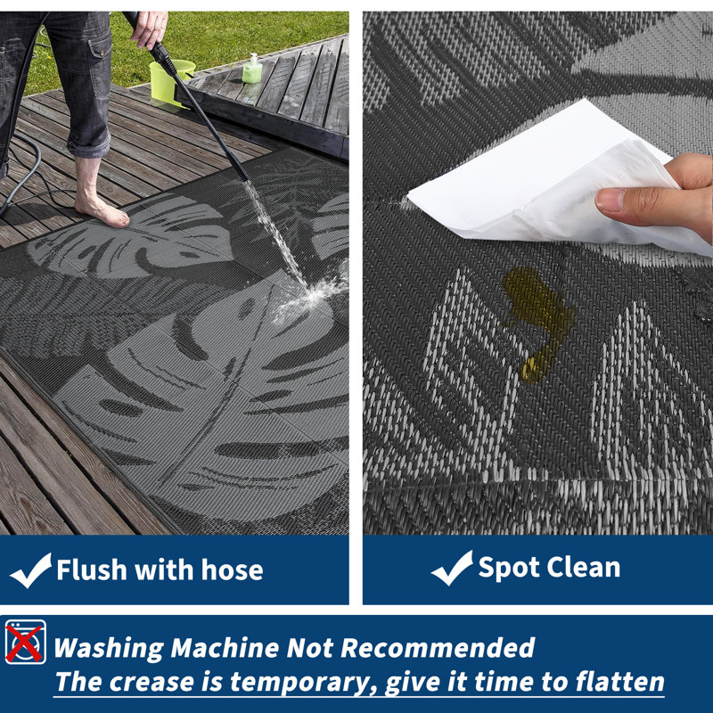 Outdoor Rug Waterproof Reversible Rug Modern Leaves Plastic Straw Area Rug, Gray, Rectangle 9' x 12'