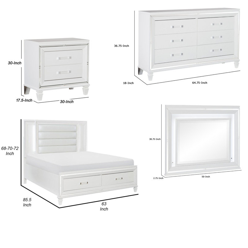 Ensemble de chambre avec grand rangement 4 pièces Rosa, DEL, détails miroir, blanc métallique