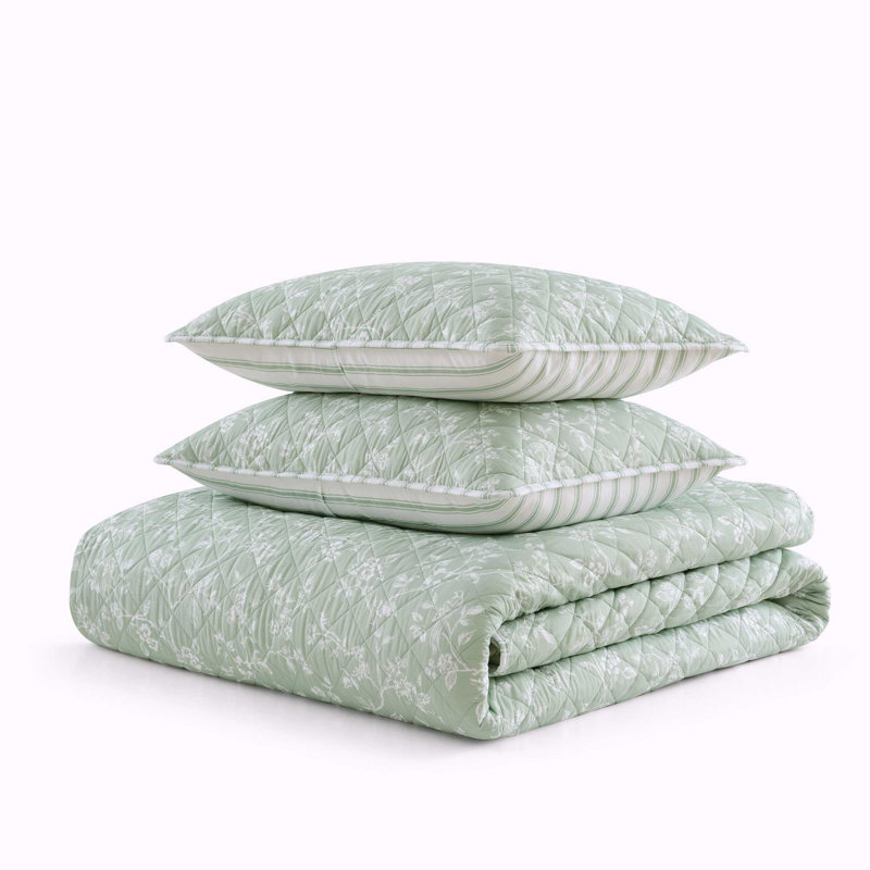 Martha Stewart French Bird Floral Cotton Green Quilt Set, King Quilt + 2 King Shams