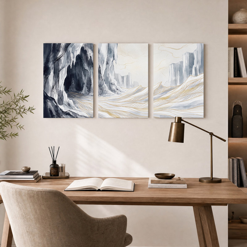 Ensemble de 3 toiles murales représentant un canyon en noir et blanc avec des ondulations de sable doré, 24"H x 16"W x 3pcs