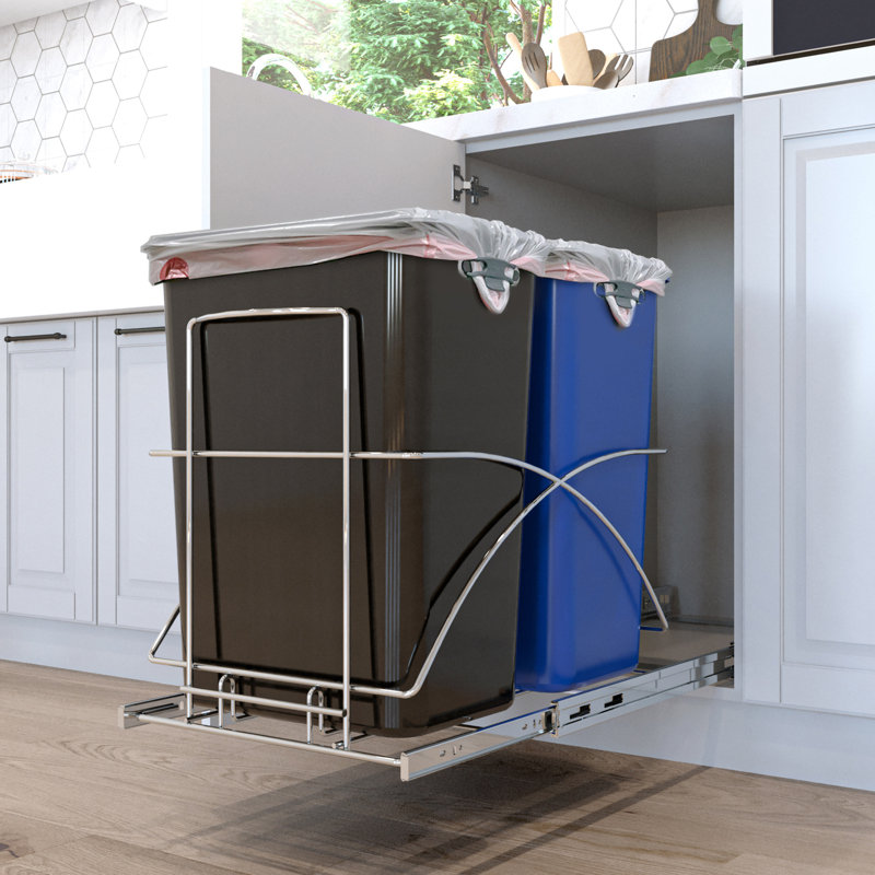 Dual Compartment Black and Blue Plastic Pull-Out Kitchen Trash Can