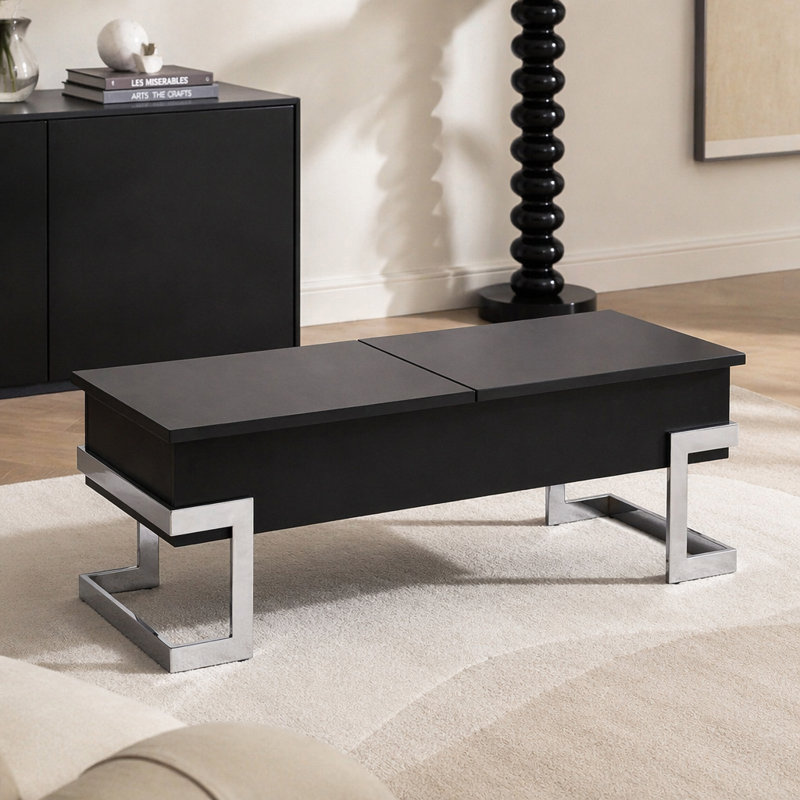 Table basse noire haute brillance et chrome avec plateau relevable, Black / Black+Silver, 24.5" H x 47.5" W x 20.5" D