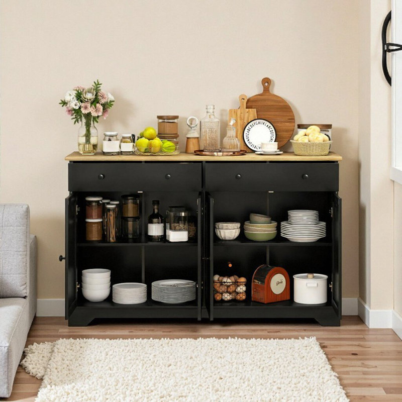 Buffet 55 po moderne noir et chêne avec tiroirs, tablettes réglables et conception anti-basculement - Buffet de rangement pour la cuisine