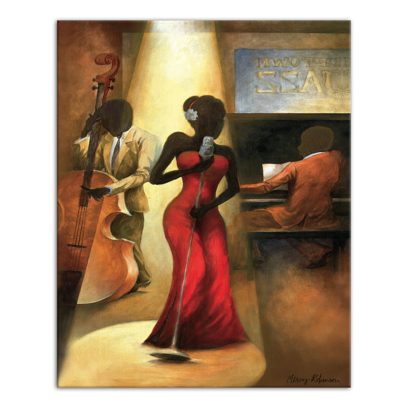 Chanteuse de jazz en rouge sur toile, H 20 po x l 16 po x P 1,25 po, Sans cadre