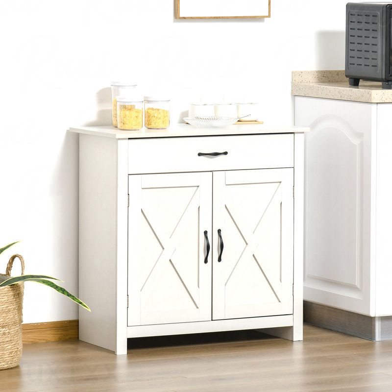 Buffet 32 po blanc délavé style ferme avec porte de grange et armoire d'appoint, Blanc