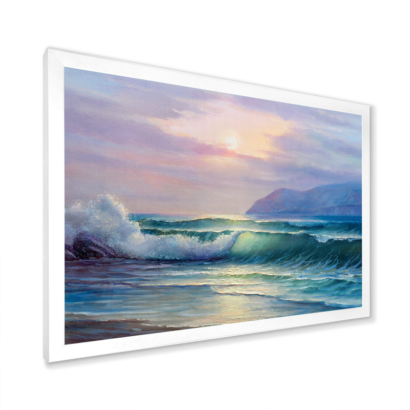 «Beautiful Green Ocean Sunset And Waves», reproduction sur toile flottante, H 30 po x l 40 po x P 1,5 po, Cadre photo blanc