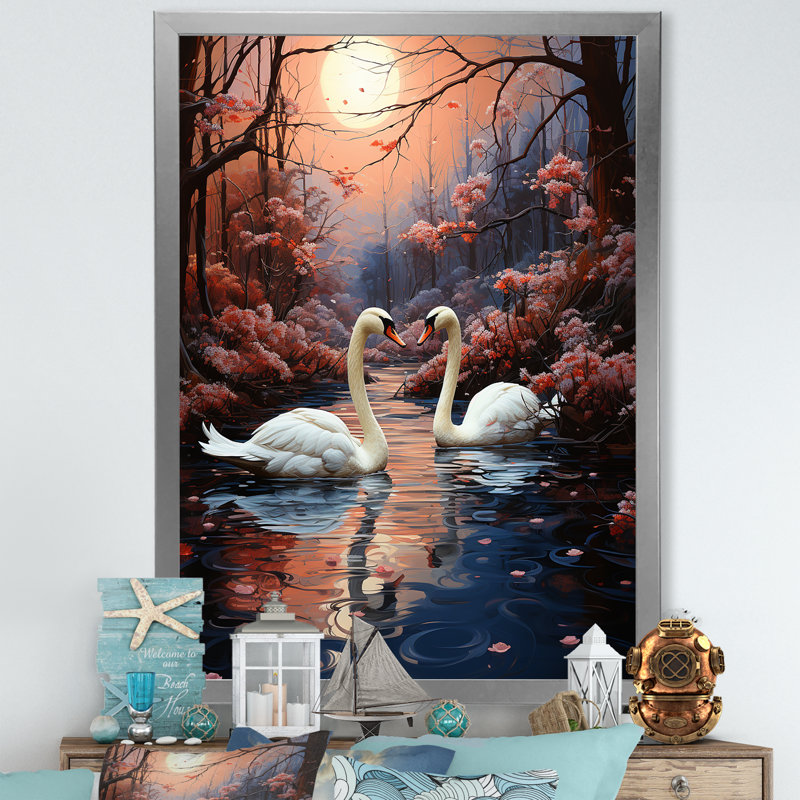 Cygnes et amour de cygne - Swans, Cadre simple argenté, H 44 po x l 34 po