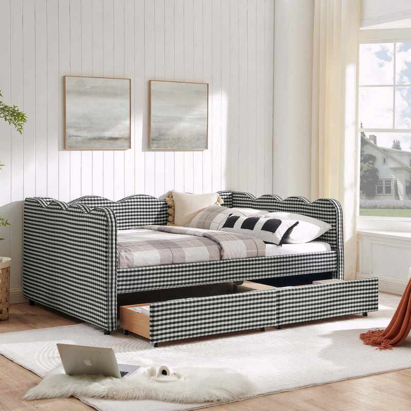 Gingham Daybed Storage Drawers USB Port Wave Shaped, Full , Black