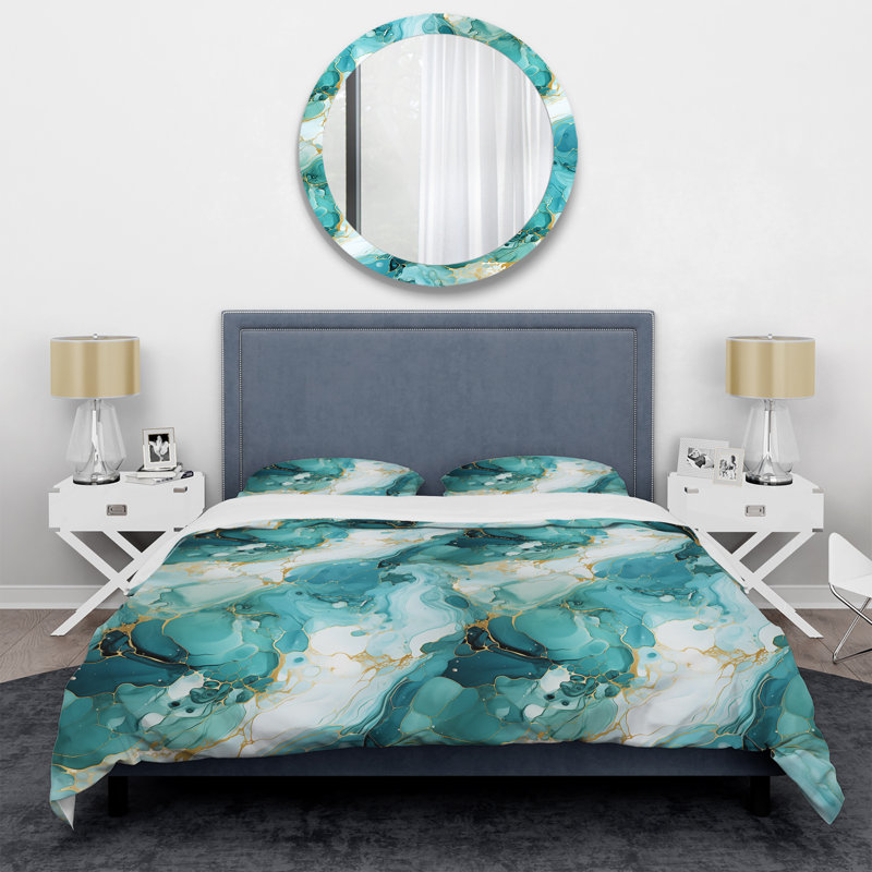 Emerald Oceanic Allure Marble Pattern Floral Duvet Cover, Twin Duvet Cover + 1 Standard Sham