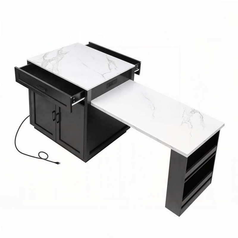 Kitchen Island with Extendable Dining Table,Kitchen Table with Double-sized Storage, Power Outlet, Kitchen island with Storage 2 Drawers 2 Side Open Shelves
