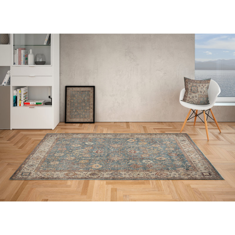Oriental Machine Washable Area Rug in Blue/Cream, Rectangle 5'3" x 7'6"