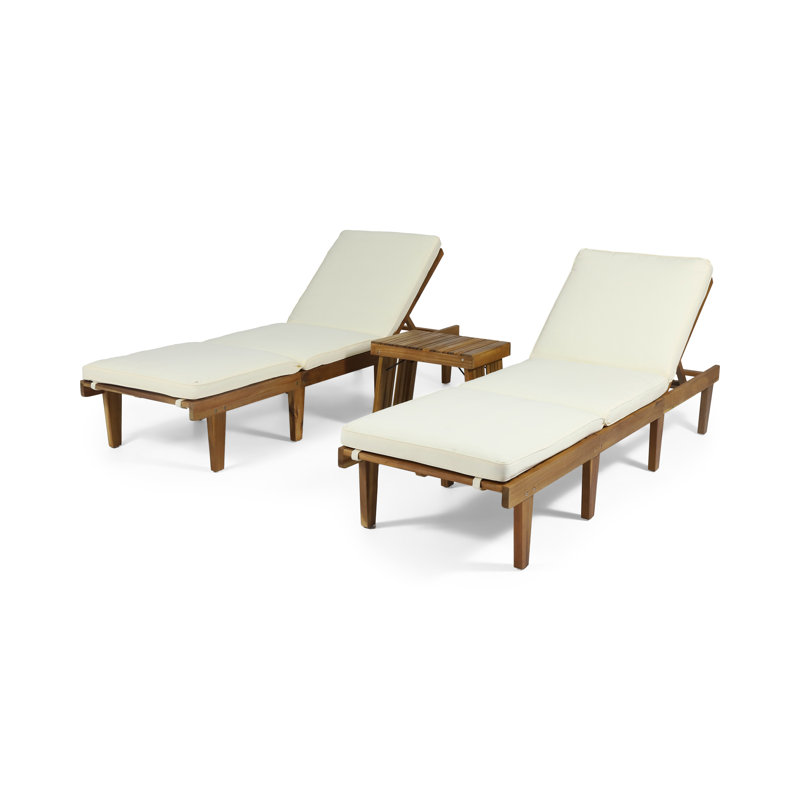 Paolo Teak and Cream Acacia Wood 3 Piece Outdoor Chaise Lounge Set