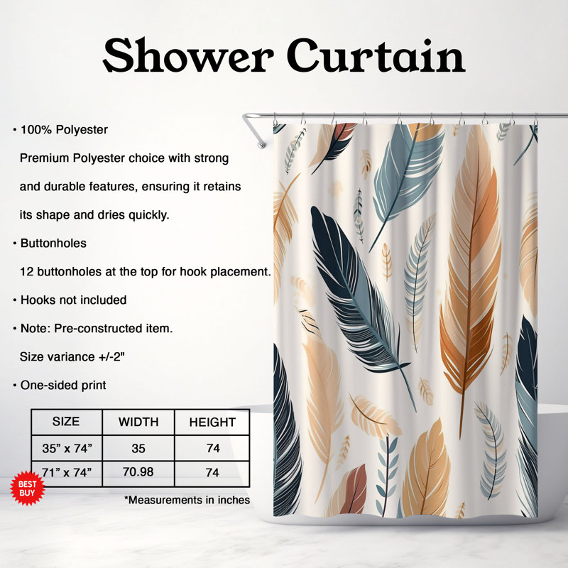 Artistic Feathers - Rideau de douche standard 1 pièce, H 74 po x l 71 po