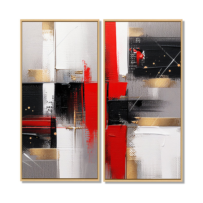 «I» - Cubisme rouge et doré, H 20 po x l 24 po, Impression encadrée flottante sans passe-partout, Crème, crème