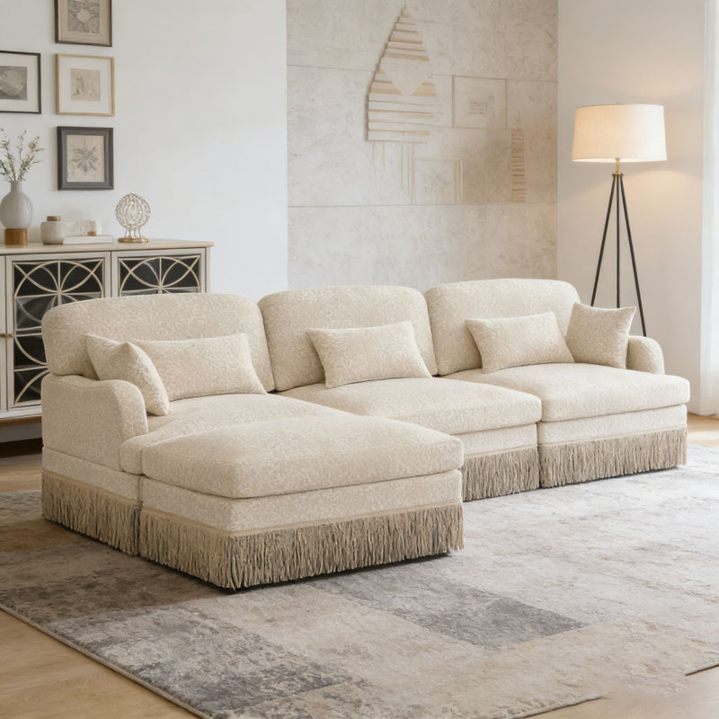 Comfy Chenille Leopard Printing Sofa,Delicate Tassel Edge,Movable Ottomans,Modern Fashion Style, Beige+3seat+1Ottomans