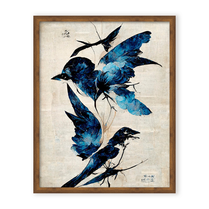 Nature Inspired Blue Birds, 30" H x 24" W x 1.125" D, Framed Matted Print, White
