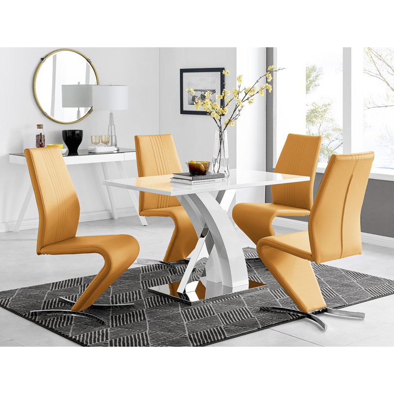 Edzard Chrome & White High Gloss Dining Table Set with 4 Luxury Faux Leather Dining Chairs, Mustard