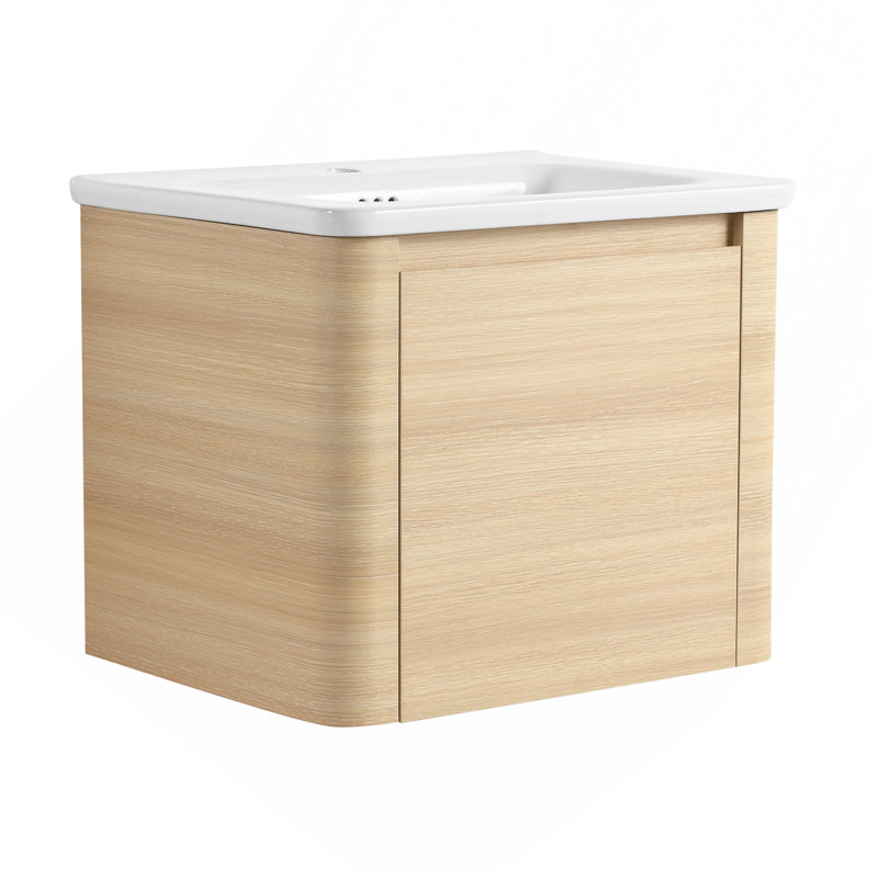 Meuble-lavabo mural 24 po avec lavabo en céramique blanche et porte à fermeture en douceur 1 pièce, contreplaqué, chêne blanc