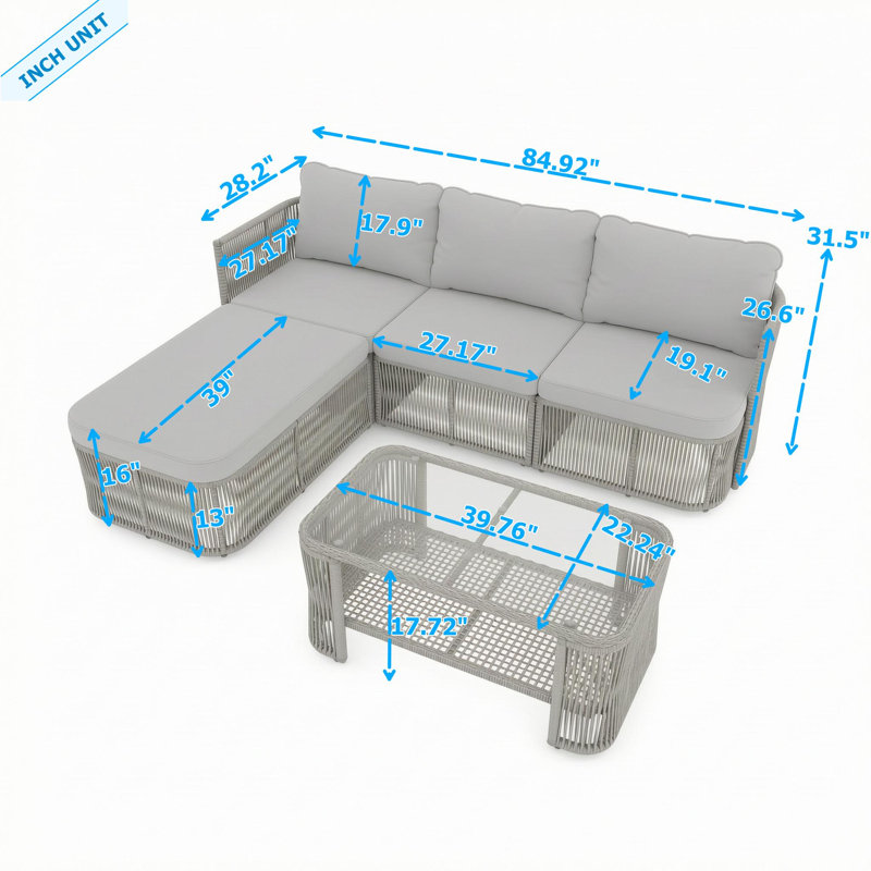 Ensemble canapé d'angle de jardin en rotin en PE avec structure en fer, coussins, table basse en verre et tablette de rangement