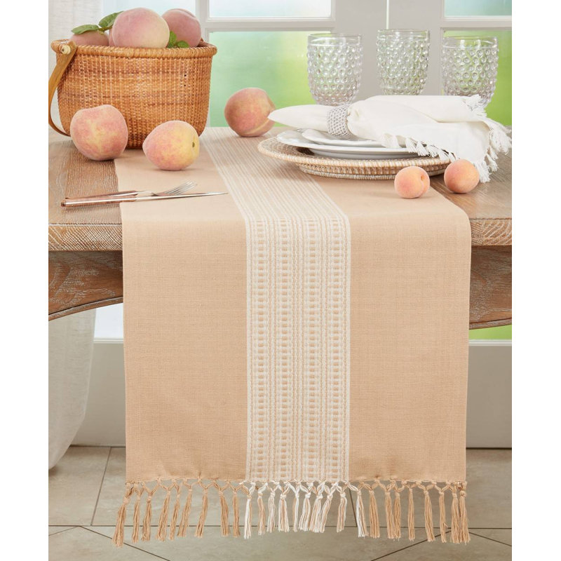 Roshundra Rectangle Striped Cotton Table Runner, Khaki