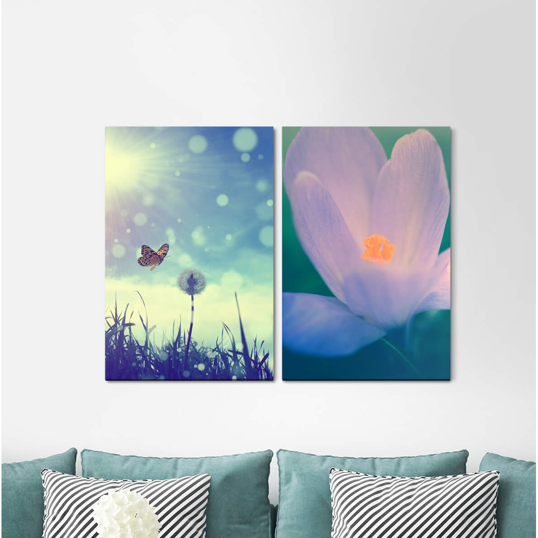 2-tlg. Leinwandbilder-Set - Grafikdruck „Summer Butterfly Blowball Blossom Flowers Sun Sunshine”