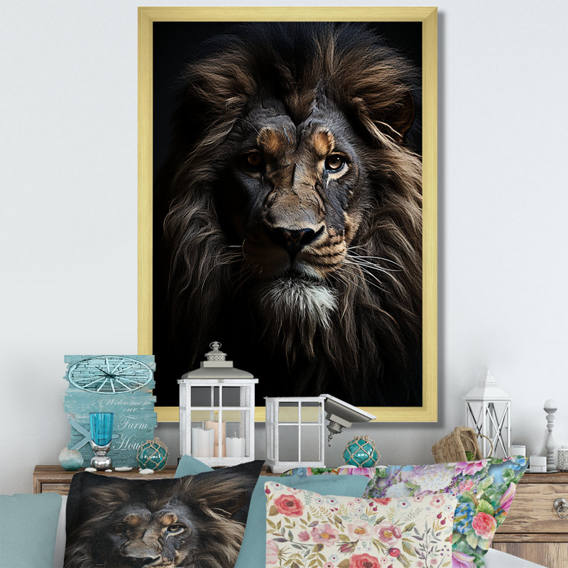 «Black and White Lion Portrait Vibrant II», reproduction d'art sur toile, H 32 po x l 24 po x P 1 po, Cadre doré simple