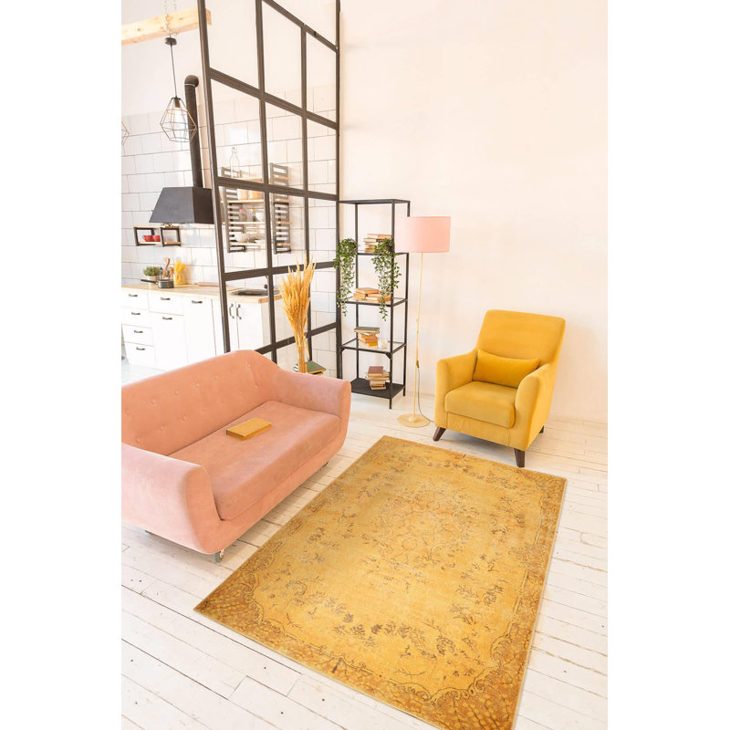 Tapis jaune décoratif à base rétro tissé, Rectangle 3 pi 10 po x 5 pi 3 po