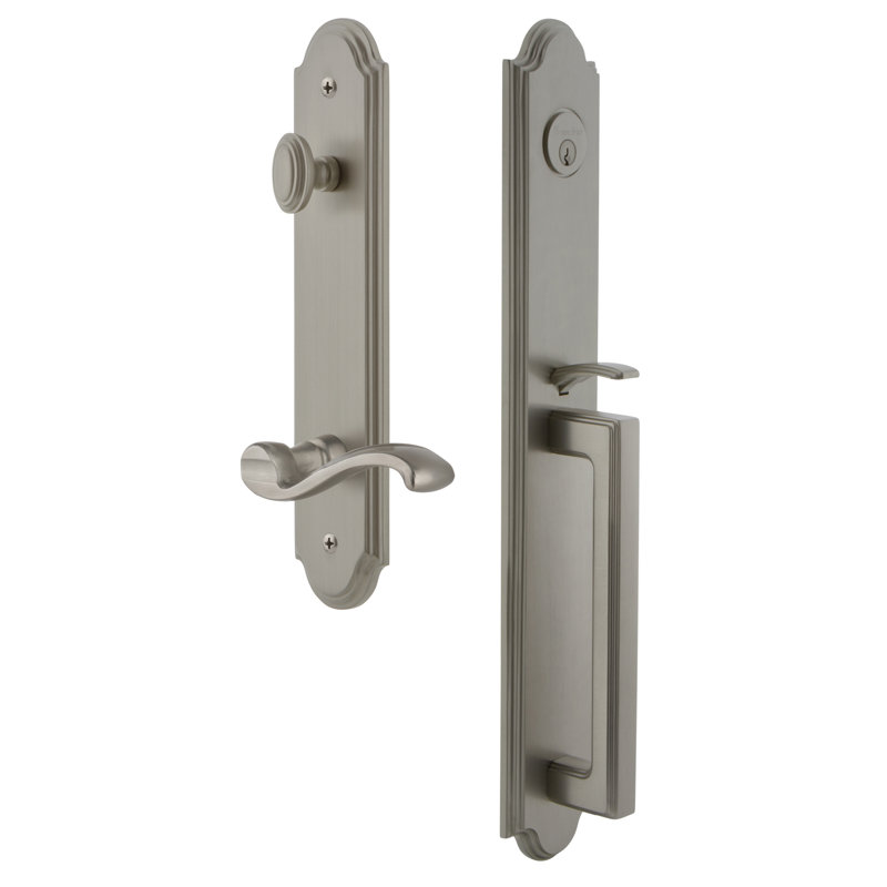Ensemble de poignées une pièce Arc avec pêne dormant cylindrique simple et poignée en D avec levier Portofino, Nickel satiné