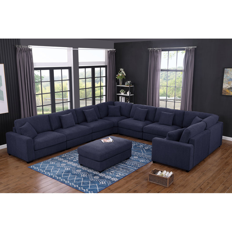 Oversized Corner Sectional Comfy 9 Seats Cloud Couch Sofa With Ottoman, Dark Blue Chenille