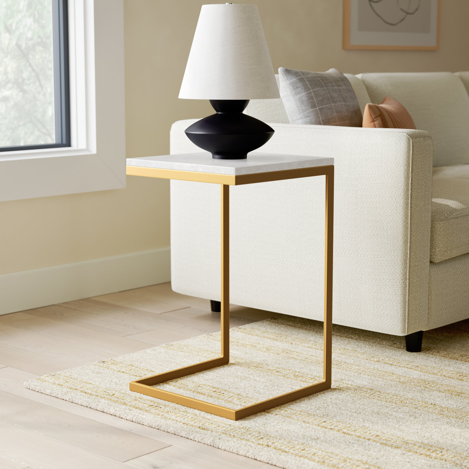 Ollie 16" Genuine Marble End Table, White Top/Gold Base