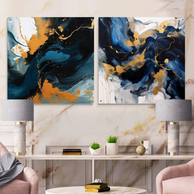 Dark Blue And Gold Strokes XIV - Fractals Acrylic Wall Art Glass Set Of 2