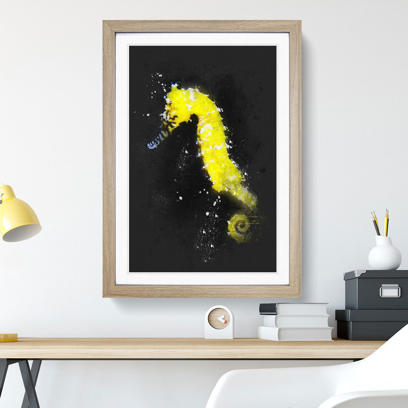 Yellow Seahorse Paint Splash - Picture Frame Graphic Art, Oak, 36cm H x 27cm W x 2cm D