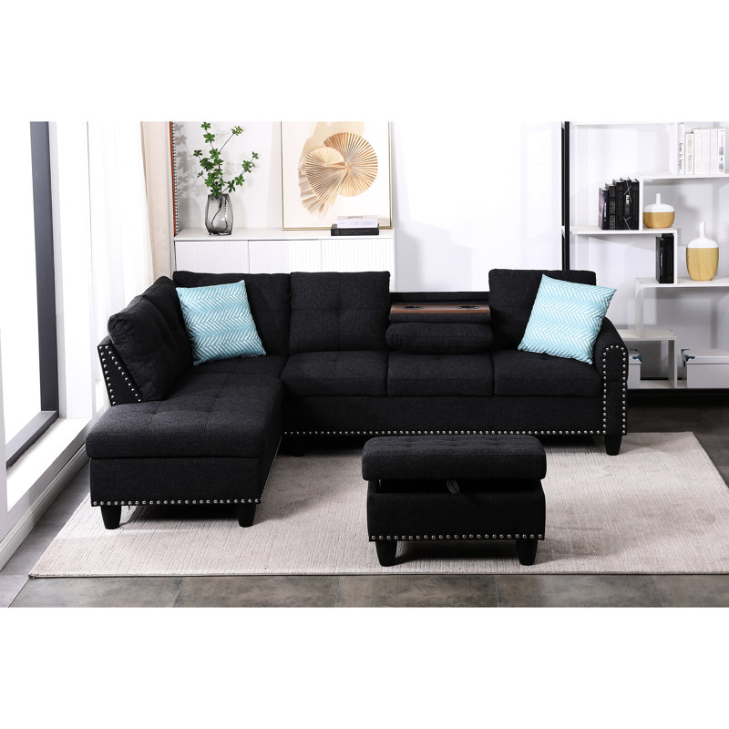 Canapé d'angle en lin garni de mousse avec méridienne large de 250 cm (98 po) orientée à gauche, couleur anthracite, et gris