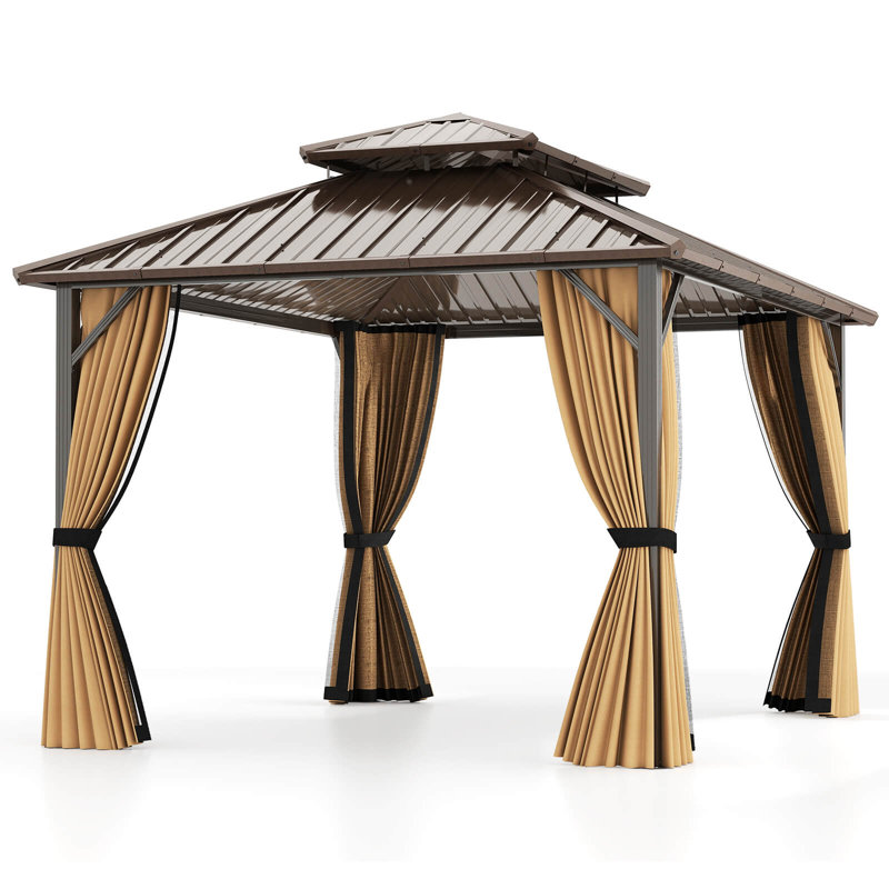 Hardtop Gazebo with Netting Heavy-Duty Double-Roof Galvanized Metal Top, 144" H x 120" W x 117" D