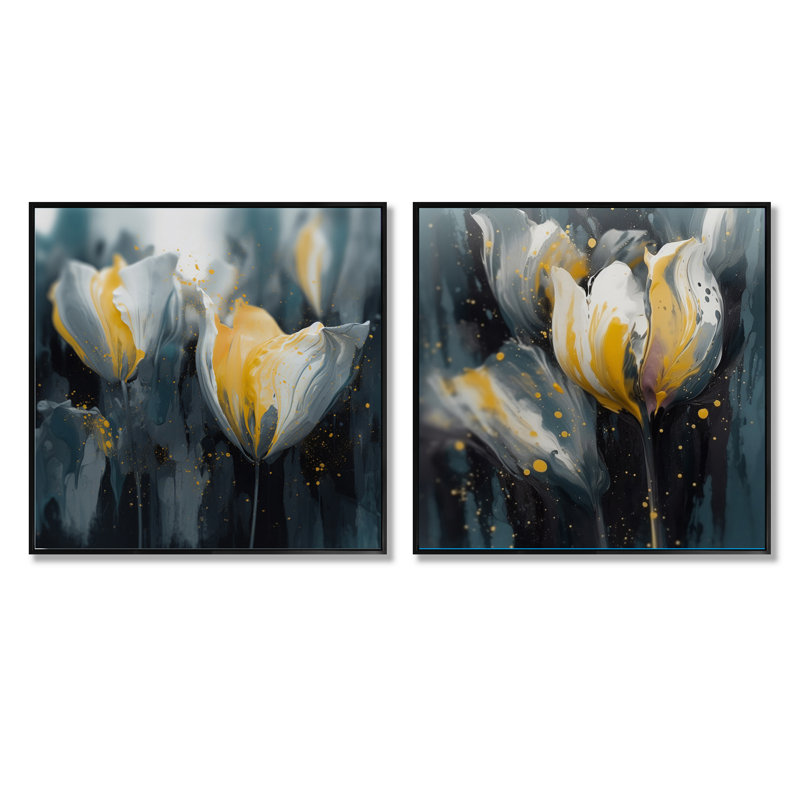 Pétales gris de sérénité tulipe, Cadre flottant noir, H 16 po x l 33 po