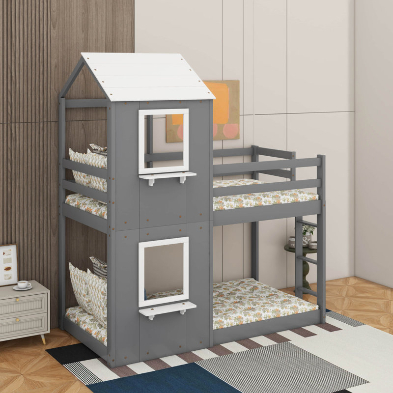 Lit superposé simple au-dessus d'un lit simple en bois avec toit, fenêtre et garde-corps, Gris