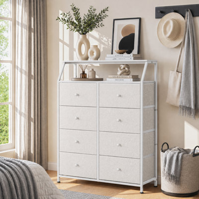Commode haute moderne à 8 tiroirs pour chambre à coucher avec tablettes ouvertes, commode de rangement de qualité supérieure avec bacs en tissu, commode pour chambre d'enfant, chambre de bébé, salon
