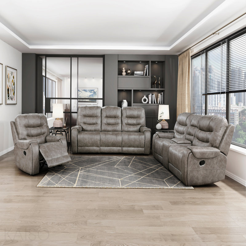 Greyish Brown Modern Reclining Sofa Set 3pc Sofa Loveseat Chair Plush Seating, Polished Microfiber Upholstery Solid Wood Frame Living Room Furniture