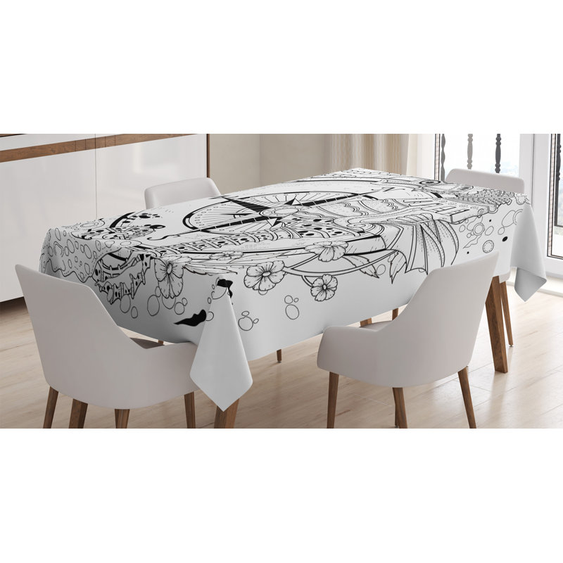 Ambesonne Compass Tablecloth, Giant Seashore All Over Compass In Exquisite Ornate Detailed Motifs Ocean Animal, Rectangular Table Cover For Dining Room Kitchen Decor, 52" X 70", Black White