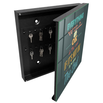 Decorative key box for wall, Opens to the left, 30x30x5, White, Colorful motivational text and energetic composition, 