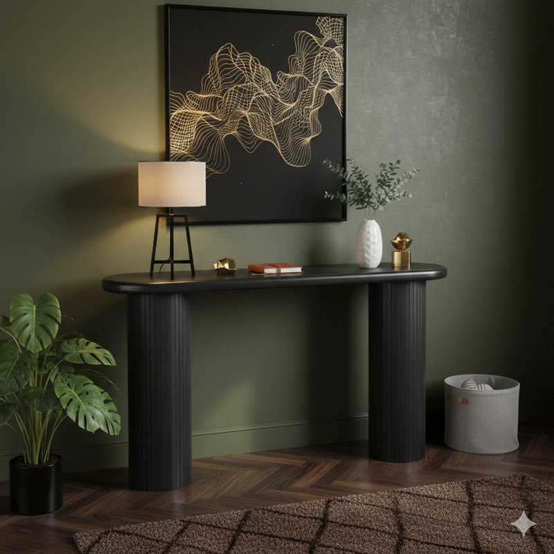 Console en bois, console noire moderne, table d'entrée cannelée de 56 pouces de largeur, table d'entrée étroite noire ou table de canapé moderne pour le salon