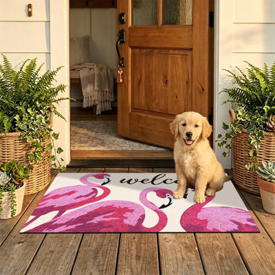  Tapis d'entrée antidérapant pour l'intérieur, 16 po x 24 po, dessin Flamingo Welcome