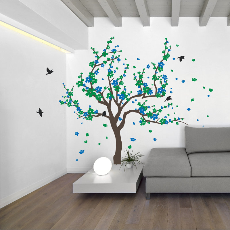 Adhésif décoratif cerisier japonais, Brun / vert / bleu, H 38 x l 59 po x P 0,01 po