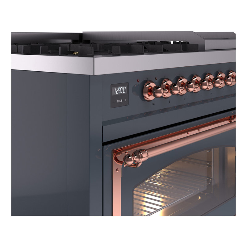 ILVE Nostalgie II Series Noblesse 48 inch Dual Fuel Range with 8 Sealed Burners, Griddle (Glass Door), Copper, Blue Gray