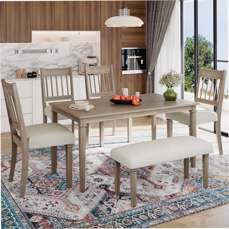 Ensemble de salle à manger 6 pièces, table rectangulaire en bois avec 4 chaises et 1 banc pour la cuisine et la salle à manger