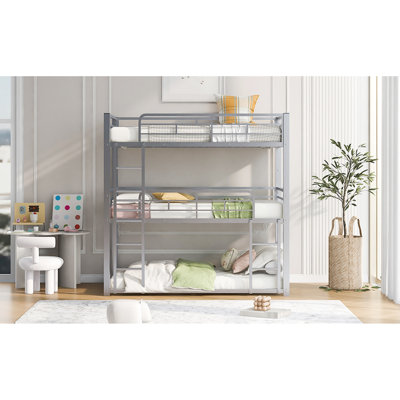 Metal Twin Triple Bunk Bed In Silver - & Space Optimizing, Guardrail Equipped, No Box Spring, Effortless Assembly Size Bed, With Easy Installation Guide