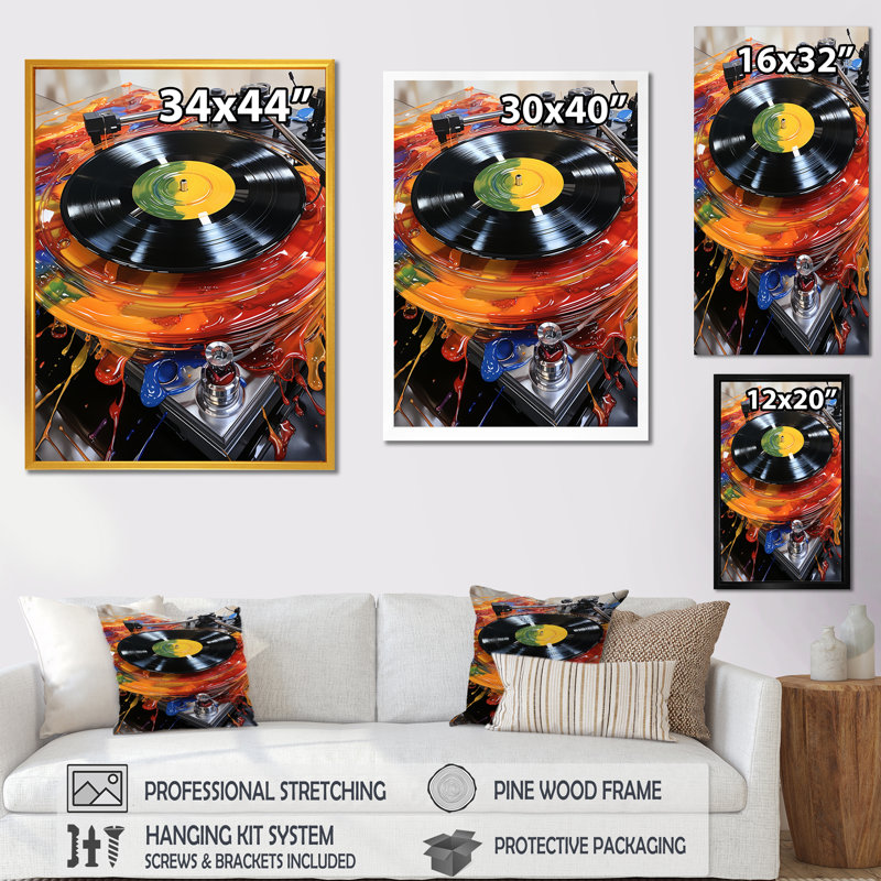 Art mural rétro vinyle Truntables Melody - Platines et boites, Cadre doré simple, H 32 po x l 24 po x P 1 po